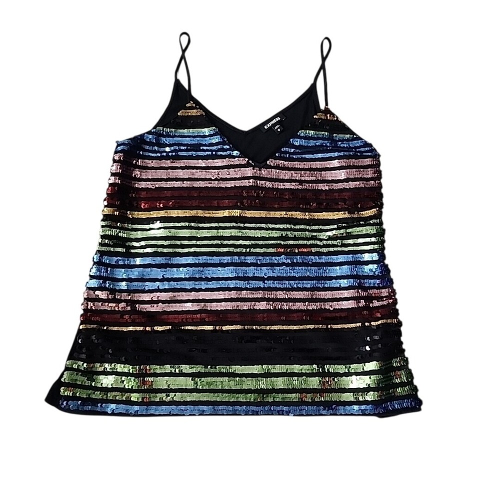 Express Sequin Tank Top Medium V-Neck Strappy Multi Striped Party Occasion